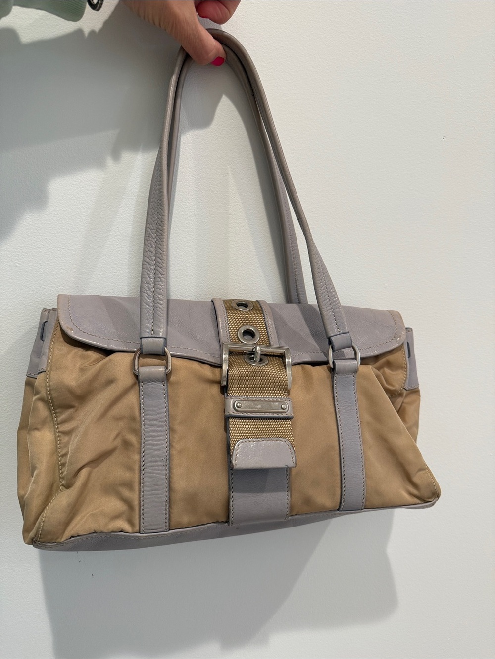 PRADA Beige Nylon Tote with Light blue Leather Trim